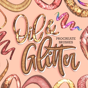 May include: A set of Procreate brushes featuring oil and glitter effects. The brushes are designed to create a variety of textures and styles, including swirls, drips, and splatters. The brushes are perfect for adding a touch of glamour to your digital art.