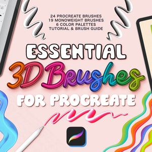 Może przedstawiać: Cyfrowa ilustracja ekranu tabletu, na którym wyświetlony jest zestaw pędzli 3D do aplikacji Procreate. Tekst "ESSENTIAL 3D Brushes FOR PROCREATE" jest wyświetlony kolorowymi, trójwymiarowymi literami. Obraz przedstawia również rysik i tablet z podglądem pędzla.