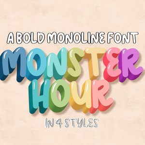 Pacote de fontes - Monster Hour, fontes incríveis, fontes fofas, fonte Bubble, fontes Cricut, fontes retrô, fontes Procreate, fonte com letras em negrito