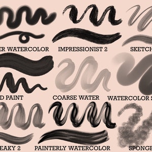 May include: A chart of 10 different brush stroke styles for digital art. The styles are labeled: Blender Watercolor, Impressionist 2, Sketchy, Old Paint, Coarse Water, Watercolor Smooth, Streaky 2, Painterly Watercolor, and Sponge.