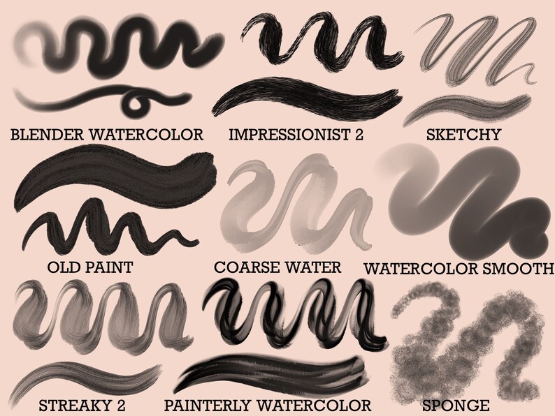 May include: A chart of 10 different brush stroke styles for digital art. The styles are labeled: Blender Watercolor, Impressionist 2, Sketchy, Old Paint, Coarse Water, Watercolor Smooth, Streaky 2, Painterly Watercolor, and Sponge.