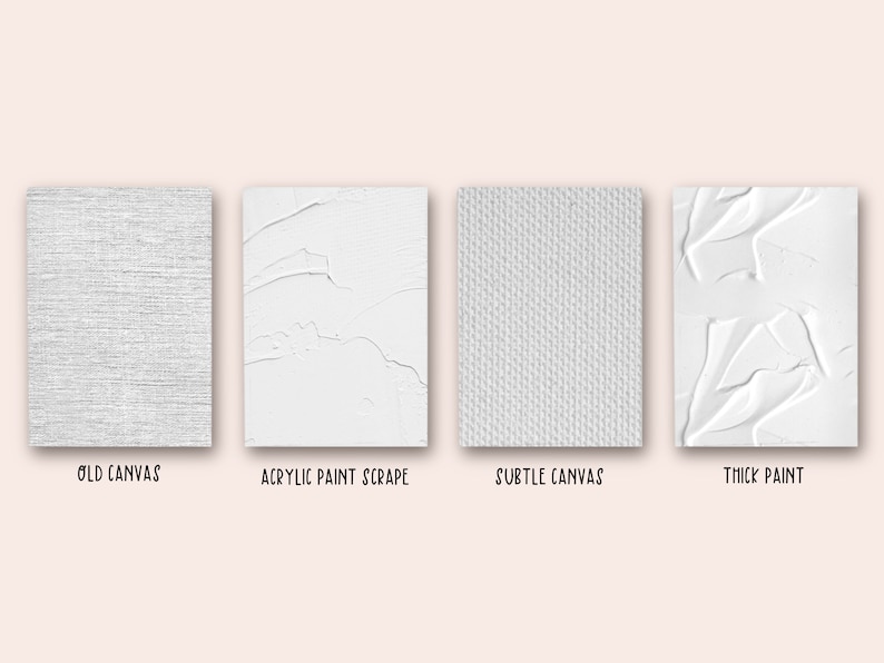 May include: Four white rectangular canvases with different textures. The textures include old canvas, acrylic paint scrape, subtle canvas, and thick paint. Each canvas has a different texture and is labeled with its name in black text.