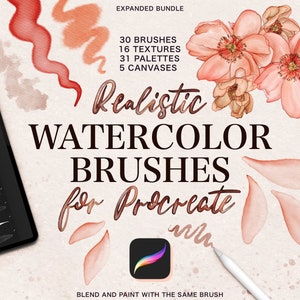 Realistic Watercolor Procreate Brushes | Painting Kit for Procreate | iPad Brush Set | Preset Watercolor Canvases | Textures & Palettes