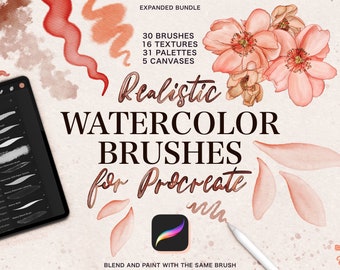 Realistic Watercolor Procreate Brushes | Painting Kit For Procreate | Digital Art Brushset | Preset Canvases | Paper Textures & Palettes