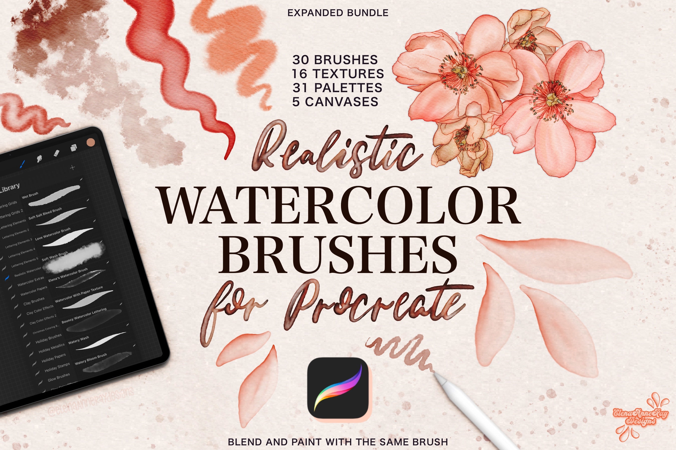 Realistic Watercolor Procreate Brushes | Painting Kit for Procreate | Digital Art Brushsets | Preset Canvases | Paper Textures & Palettes