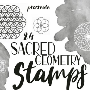 May include: A set of 24 digital stamps featuring sacred geometry designs. The designs are black and white and include a flower of life, a seed of life, and a metatron's cube. The text "procreate" and "24 Sacred Geometry Stamps" is also included in the image.
