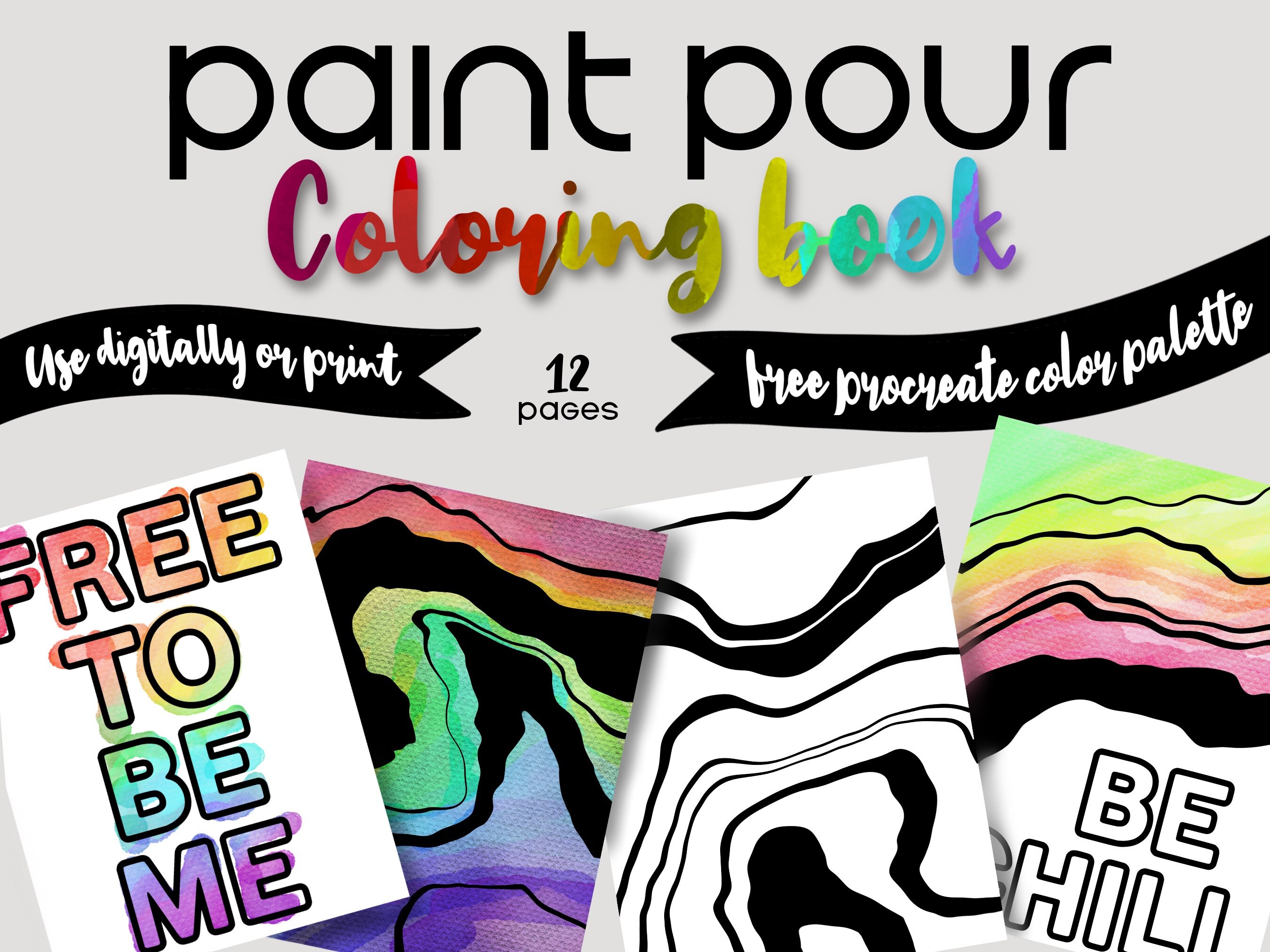 Paint Pour Coloring Book Adult Digital Coloring Pages Free Etsy