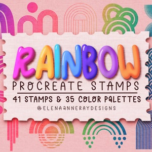 iPad のデジタル アート、ミニマリスト & レトロ デザイン要素、シームレス パターンのための Rainbow Procreate スタンプとカラー パレット バンドル