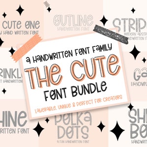 May include: A collection of 10 handwritten fonts in a bundle called "The Cute Font Bundle". The fonts are displayed in a collage with a peach background and black stars. The fonts are all in a playful, casual style.