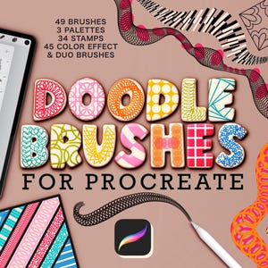 Könnte beinhalten: Digitale Kunstpinsel für Procreate mit farbenfrohen Doodle-Pinseln. Das Bild zeigt ein Tablet mit Pinselvorschauen und dem Text "DOODLE BRUSHES FOR PROCREATE". Enthält 49 Pinsel, 3 Paletten, 34 Stempel und 45 Farbeffekte.