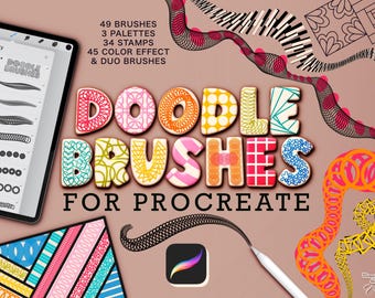 Procreate Doodle Brushes, Seamless Pattern, Stamps, Duo Color Kit