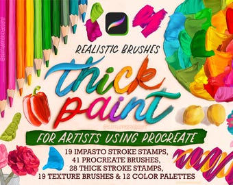 May include: A digital art graphic with the words "Realistic Brushes Thick Paint" in colorful, stylized lettering. The image includes a Procreate app icon, paint swatches, colored pencils, and a list of brush types and color palettes for artists.