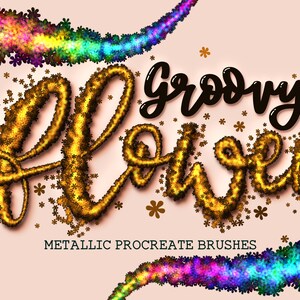 May include: Digital graphic featuring the text Groovy Flower in a textured gold metallic script font, surrounded by small brown flower icons. Above and below are swirling trails of rainbow-coloured floral patterns on a light pink background.