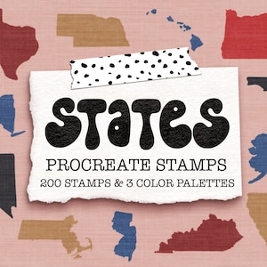 May include: A set of 200 Procreate stamps featuring outlines of all 50 US states in various colors. The text "States" is in a retro font and the text "Procreate Stamps" and "200 Stamps & 3 Color Palettes" are below.