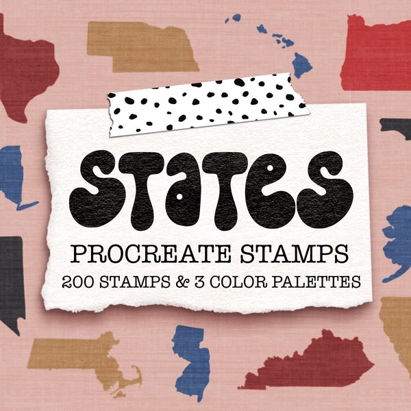 Procreate Stamps United States, Procreate Color Palettes, US 50 States Procreate Stamps, Digital Art Tools, Map Line Art, iPad Digital Art