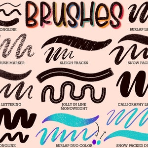 May include: A collection of 10 different brush styles for digital art and design. The brush styles include burlap monoline, texture brush marker, sleigh tracks, snow packed, sweater lettering, jolly in line monoweight, calligraphy lettering, oval monoline, burlap duo color, and snow packed duo color.