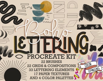 Boho Procreate Lettering Brushes, Stamps, Grids, Color Palettes (Digital Download)