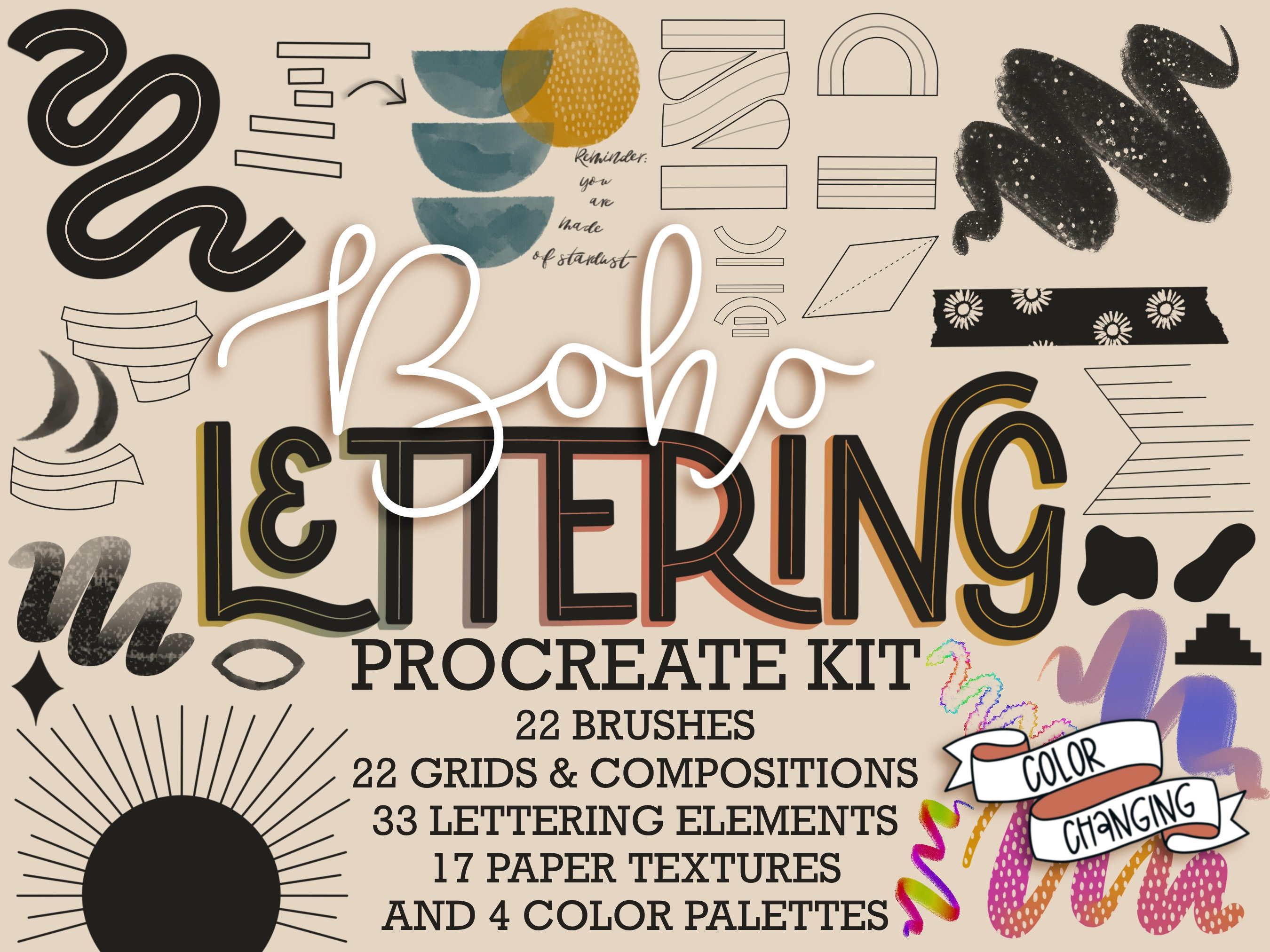 Boho Procreate Brushes with Grids, Composition Stamps, Shapes, Color Palettes & Paper Textures