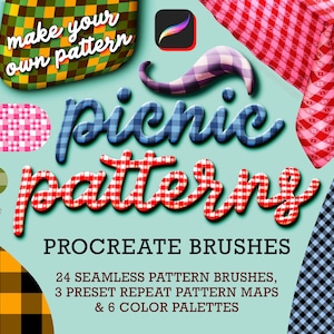 May include: A digital graphic featuring the text picnic patterns and procreate brushes with various colourful gingham and plaid pattern swatches in red, green, yellow, blue, and purple. The image includes the text make your own pattern.