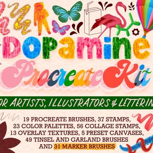 Può includere: Un colorato kit di arte digitale intitolato "Dopamine Procreate Kit" con illustrazioni di una farfalla, un fenicottero e una banana. Il kit include pennelli, timbri, tavolozze di colori, texture e tele per artisti, illustratori e lettering.