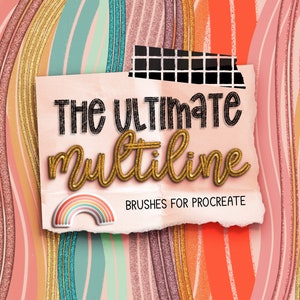 May include: A digital illustration of a torn piece of paper with the text "The Ultimate Multiline Brushes for Procreate" in black and gold lettering. The background is a colourful abstract pattern of wavy lines.