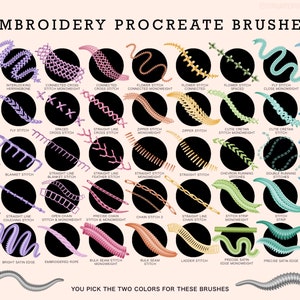 May include: A chart of 40 different embroidery stitches, each illustrated with a black circle around a colourful stitch pattern. The chart is titled "Embroidery Procreate Brushes" and includes the text "You pick the two colours for these brushes".