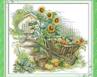 DIY Lanarte cross stitch kit "Wheelbarrow and Sunflowers" counted DIY Lanarte cross stitch kit "Wheelbarrow and Sunflowers" counted