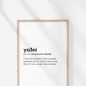 May include: A framed print with the word "ya3ni" in a bold, black font. Below, the definition reads "yaa'-nee [conjunctive adverb]" followed by a sentence about Arabic conversation. The frame is a light wood color.