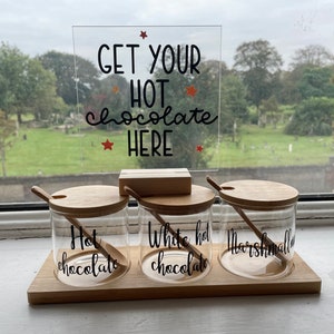 Customised hot chocolate station, hot chocolate station with sign, personalised kitchen canisters, coffee station, hot chocolate bar