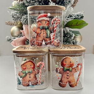 Personalised gingerbread man treat jar, glass storage jar with gingerbread person design, Christmas gift jars, Gingerbread kitchen canisters