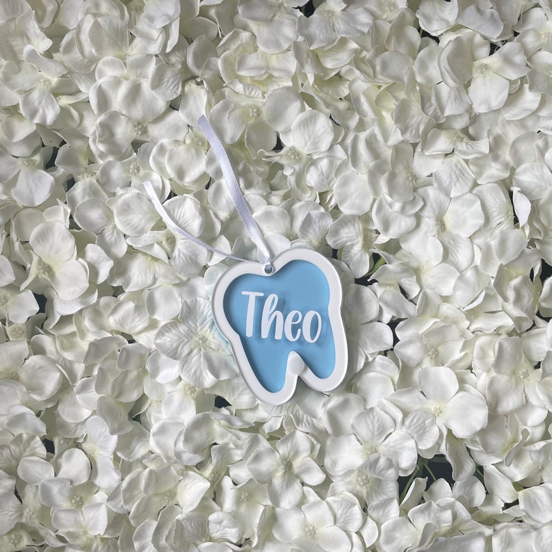 May include: A white tooth-shaped ornament with a light blue background and the name "Theo" written in white lettering.