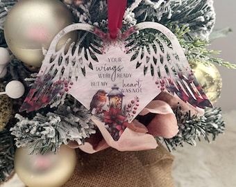 Robin memorial bauble, wing shaped Christmas tree decoration, memorial decoration for Christmas, bauble for lost loved ones.