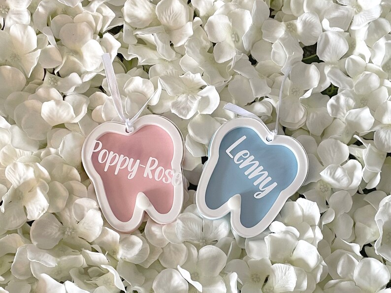 May include: Two tooth-shaped ornaments with white borders. The ornament on the left is pink with the name "Poppy-Rose" written in white. The ornament on the right is blue with the name "Lenny" written in white.