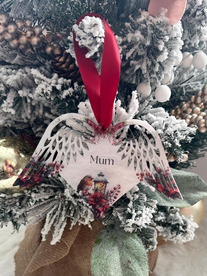 Personalised Robin Memorial Bauble, Wing Shaped Christmas Tree