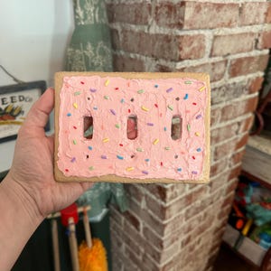 May include: A light brown rectangular light switch cover with pink frosting and colorful sprinkles. The switch cover is shaped like a pop-tart.
