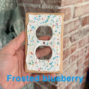 K&ouml;nnte beinhalten: Ein hellbrauner Keramik-Steckdosendeckel in Form eines gefrosteten Pop-Tarts mit wei&szlig;em Frosting und bunten Streuseln. Der Text "Frosted blueberry" ist unterhalb des Steckdosendeckels sichtbar.