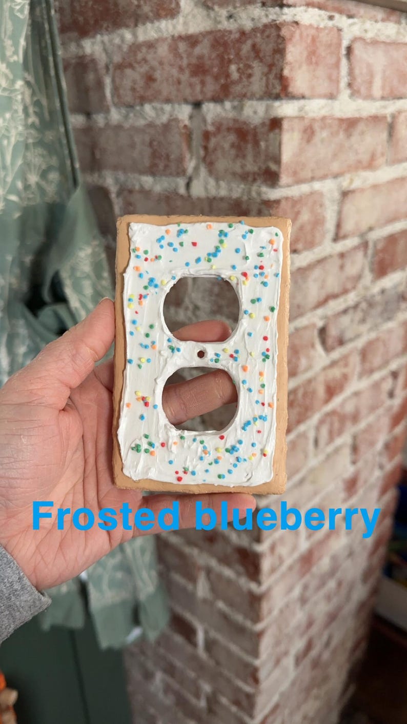 K&ouml;nnte beinhalten: Ein hellbrauner Keramik-Steckdosendeckel in Form eines gefrosteten Pop-Tarts mit wei&szlig;em Frosting und bunten Streuseln. Der Text "Frosted blueberry" ist unterhalb des Steckdosendeckels sichtbar.