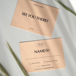 May include: A peach-colored RSVP card with the text "See You There?" and the date "14.06.2025". The card also includes a section for guests to RSVP with their names, whether they will attend, and the number of guests attending. The text "Kindly Reply by June 1" is also included.