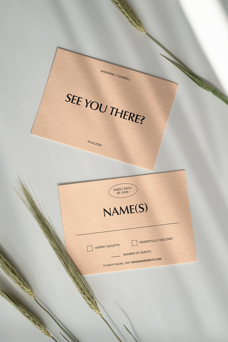 May include: A peach-colored RSVP card with the text "See You There?" and the date "14.06.2025". The card also includes a section for guests to RSVP with their names, whether they will attend, and the number of guests attending. The text "Kindly Reply by June 1" is also included.