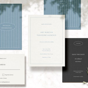 May include: A collection of wedding stationery in shades of blue and white. Includes invitation cards, a save-the-date card, and a response card. The invitation features the names Amy March & Theodore Laurence. The save-the-date card is black with white text.