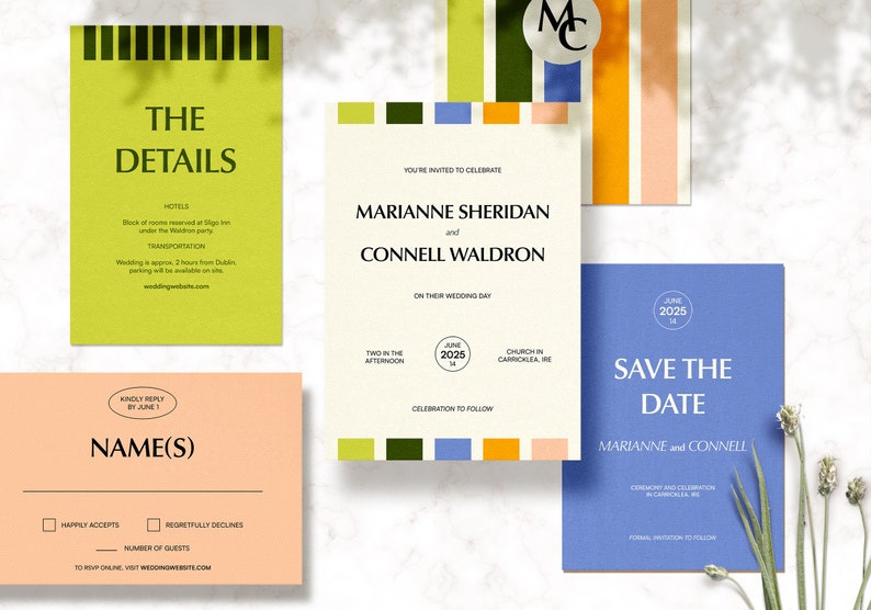 May include: A set of wedding invitations with a colorful striped design. The invitations feature the names Marianne Sheridan and Connell Waldron, the date June 2025, and the location Carricklea, Ireland. The save the date card is blue with white text.