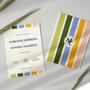 May include: Wedding invitation with a colorful striped design. The invitation is for Marianne Sheridan and Connell Waldron, and the date is June 2023. The invitation also includes the text "You're invited to celebrate" and "Two in the afternoon".