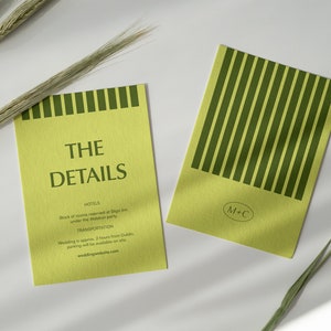 May include: Two yellow and green striped cards with text. The first card says "The Details" and includes information about hotels and transportation. The second card has the initials "M+C" in a circle.