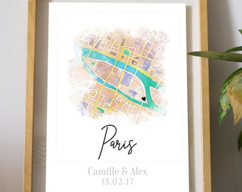 Personalized City Map Watercolor Style - Couples Meeting Place, Wedding, Valentine&#39;s Day