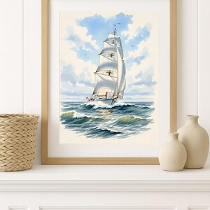 Sailboat Wall Art | Nautical Watercolor Poster | Ocean Waves Print | Coastal Decor | Beach House Digital Download