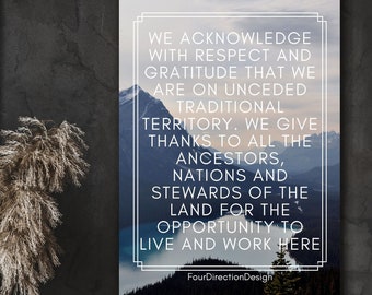 Land acknowledgment print, indigenous art, cultural safety poster, indigenous owned shop, mountain art, home wall decor, office wall art,