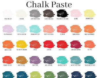 May include: A collection of 24 chalk paint colors in small jars, with names like "Peace and Joy", "Morning Glory", "Snug as a Bug", and "Orange You Cute". The jars are arranged in rows, with the names of the colors printed below each jar. The jars are on a white background. The text "Chalk Paste" is printed at the top of the image. The text "Pague Hollow Designs" is printed at the bottom of the image.