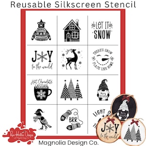 May include: A reusable silkscreen stencil sheet featuring twelve black Christmas-themed designs including a bear, house, reindeer, snowman, trees, gnome, bird, mittens, and text like Let It Snow, Joy to the World, and Hot Chocolate Weather.