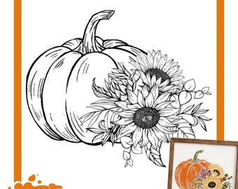 May include: A reusable silkscreen stencil featuring a black and white line drawing of a pumpkin with a sunflower bouquet. The design includes the text Reusable Silkscreen Stencil and Magnolia Design Co. A small square example shows the finished colored art.