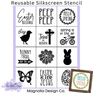 May include: A reusable silkscreen stencil sheet featuring twelve black graphic designs including text like Easter Blessings, Peep Peep, Hello Spring, Chirp, Jesus Is Risen, spring is in the air, Bunny Trail, and Easter Is For Jesus, plus icons.